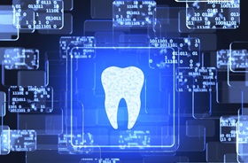 Tooth image with computer code, representing dental implant technology