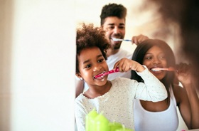 family brushing teeth