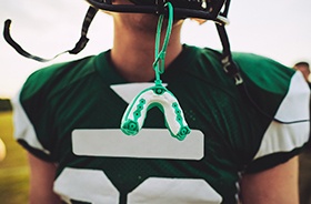 Football player with mouthguard attached to his helmet