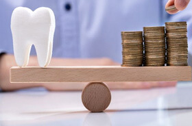 tooth and stack of coins balanced on seesaw