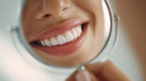 Woman’s beautiful white teeth reflected in mirror